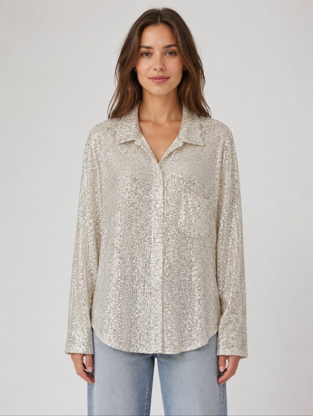 Tracy Porter Collective Silver Sequin Oversized Button Down Blouse Large NWOT